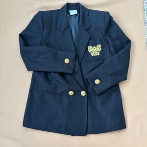 Harve Benard Navy Wool Double Breasted Crest Blazer 8P Dark Academia Preppy